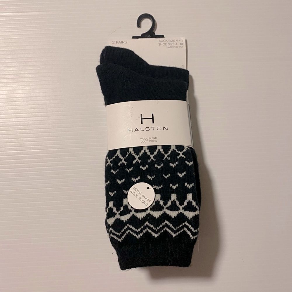 H Halston wool blend socks black/print 2 pairs NEW